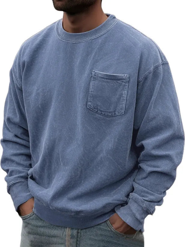 Men's pullover round neck long sleeve sweater in polyester fiber, available in multiple colours