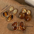 Handmade women's geometric tassel earrings in three colour styles: Maillard blooming, French irregular Amber, and water drop Tigereye