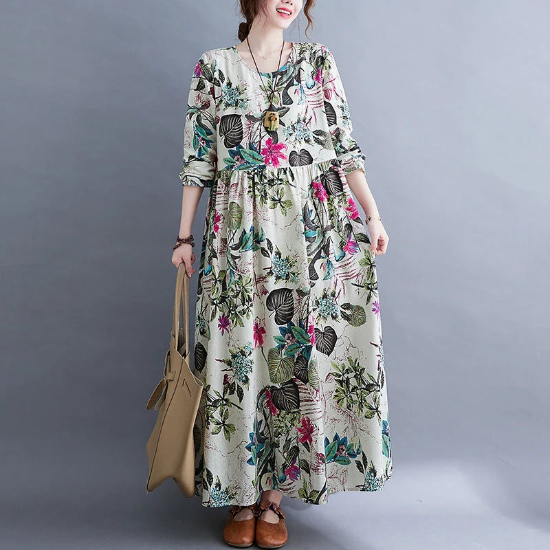 Literary inspired plus size long sleeve dress in cotton blend with unique print