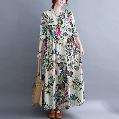 Literary inspired plus size long sleeve dress in cotton blend with unique print