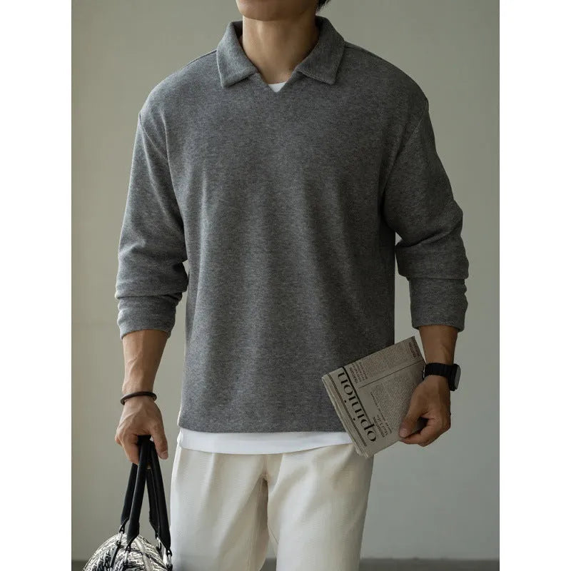 Men's woolen drop-shoulder V-neck polo shirt in khaki, long sleeves, casual fit