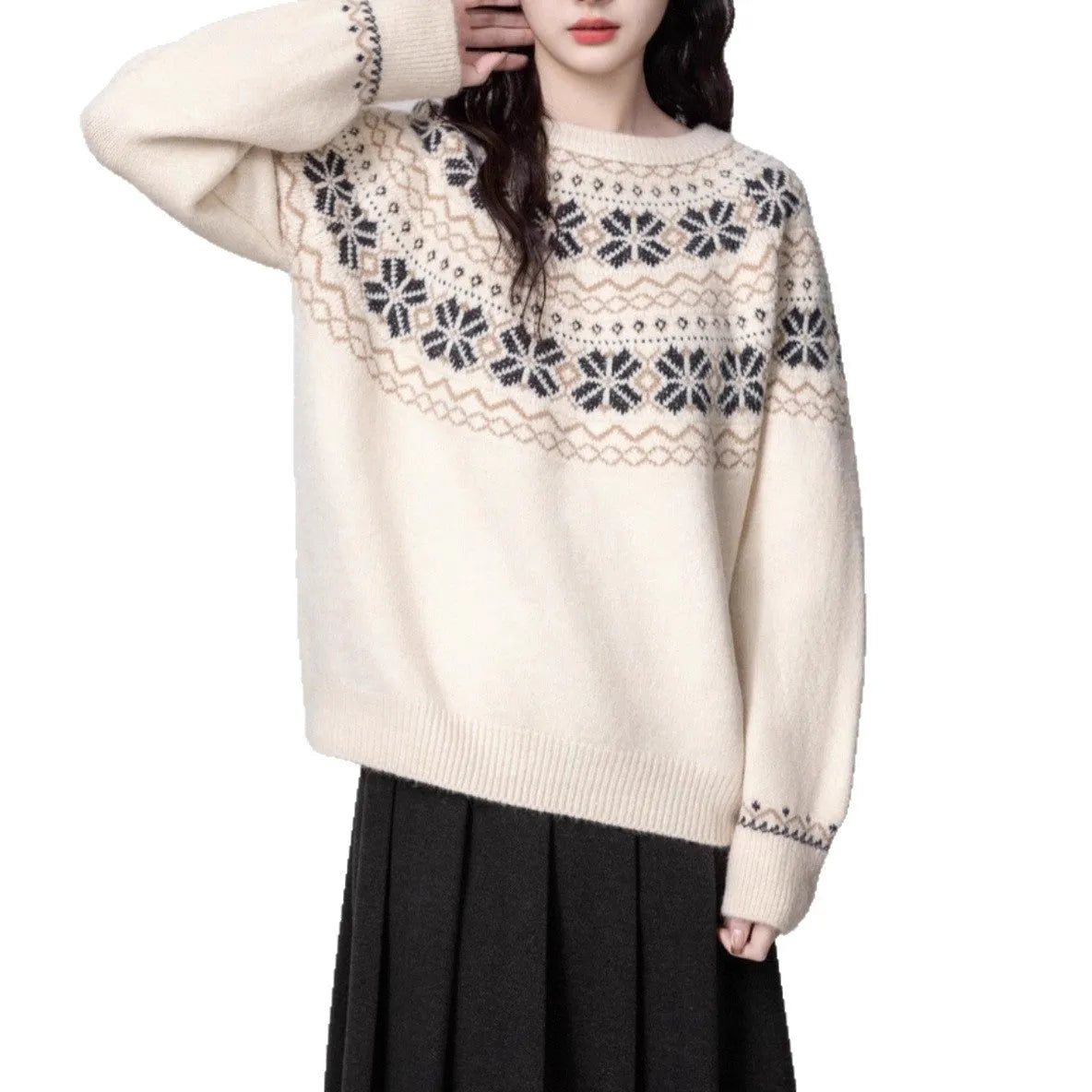 Women's Milky White vintage fair isle pullover sweater with geometric pattern, loose fit, and long sleeves.