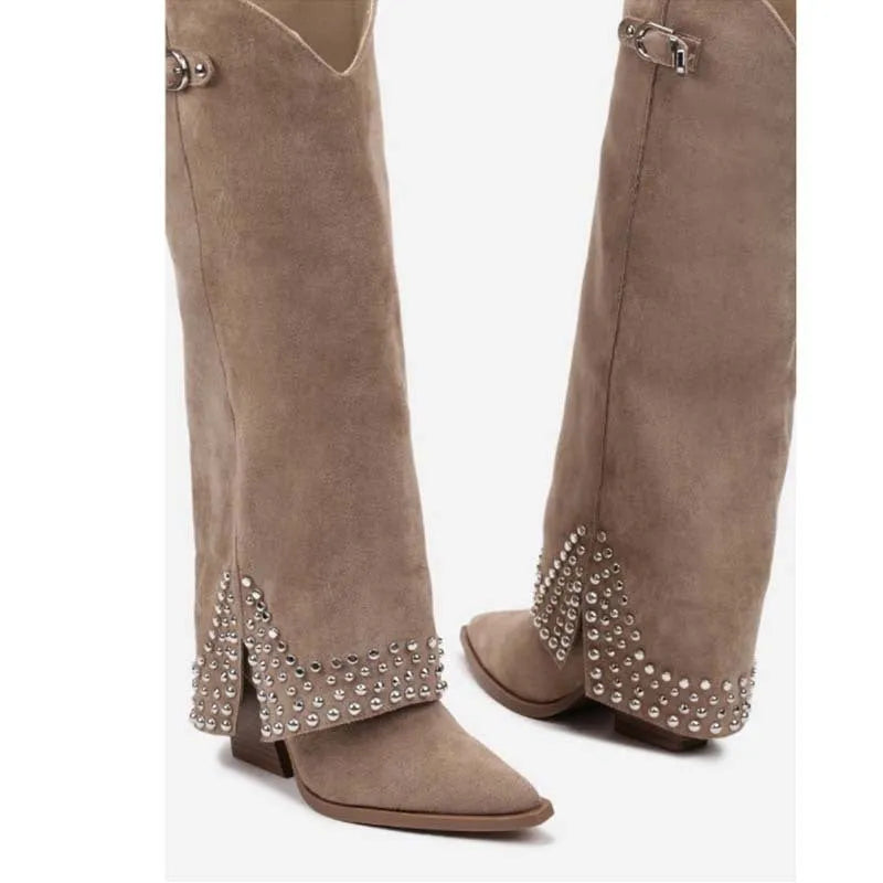 Women's black frosted rivet pantyhose boots with a suede-look upper and rubber sole.