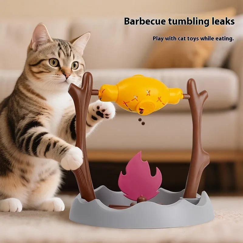 Barbecue-style tumbling leakage food feeder cat toy measuring 30x30x29cm
