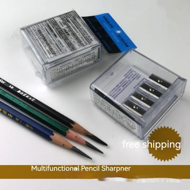 Geometric shaped plastic pencil sharpener with four holes and screwdriver accessory