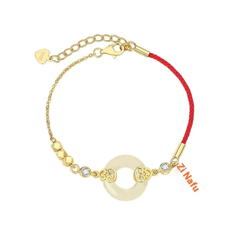 Hetian Jade gourd bracelet, Fu character necklace, and earrings set in 925 sterling silver.