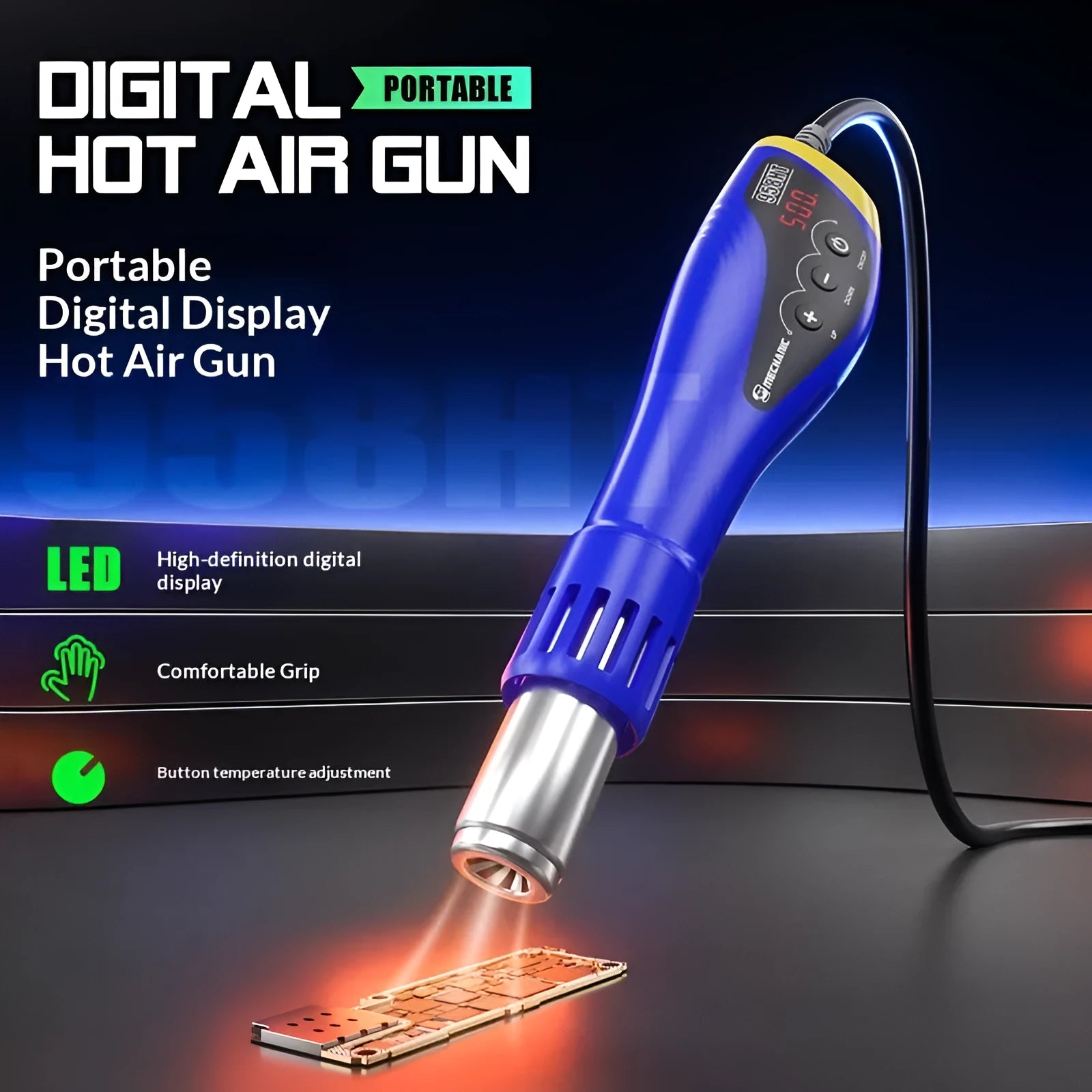 Blue small hand-held temperature-adjustable electric plastic film blower with digital display and six nozzles