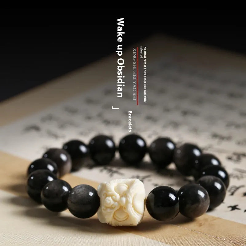 Obsidian prayer beads bracelet with manual processing and chamfered square grain details