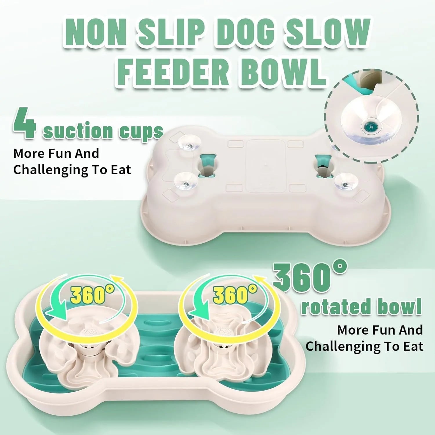 Large green slow feeder dog bowl with three rotating puzzle trays and anti-slip suction cups on base.