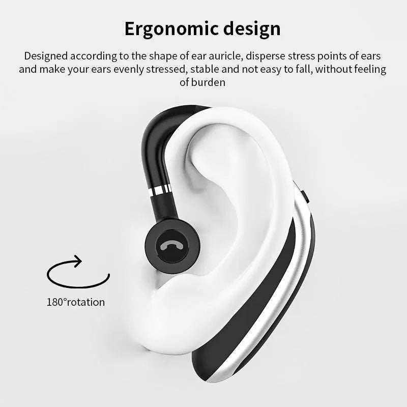 Wireless hanging ear Bluetooth headset in black with in-ear design and battery display