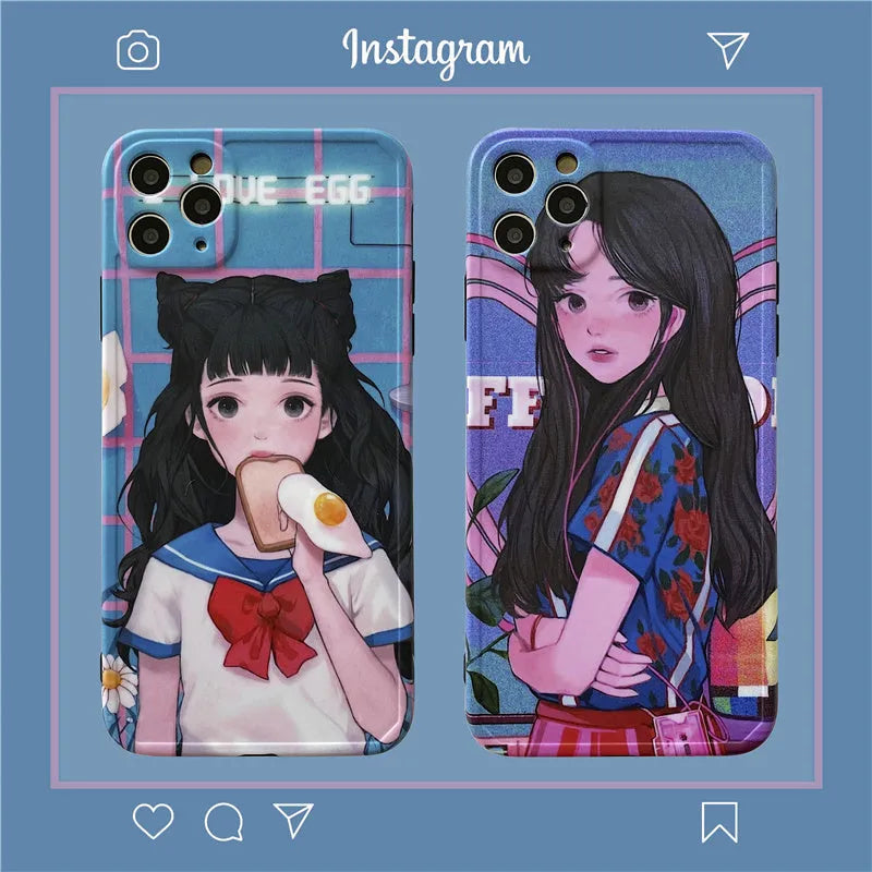 Soft rubber iPhone case with Japanese manga girl eating bread design for iPhone 11