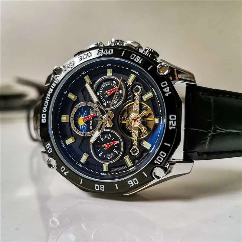 Men's automatic mechanical watch with stainless steel case and choice of black or white dial.