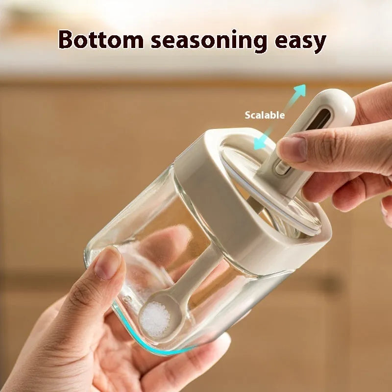 Retractable glass seasoning jar in Nordic style, available in green, warm gray, or yellow for kitchen storage