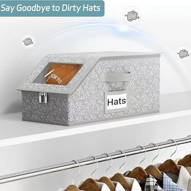 Grey foldable woven fabric storage box for baseball caps and shoes, shown with dimensions 42cm by 22cm by 17cm.