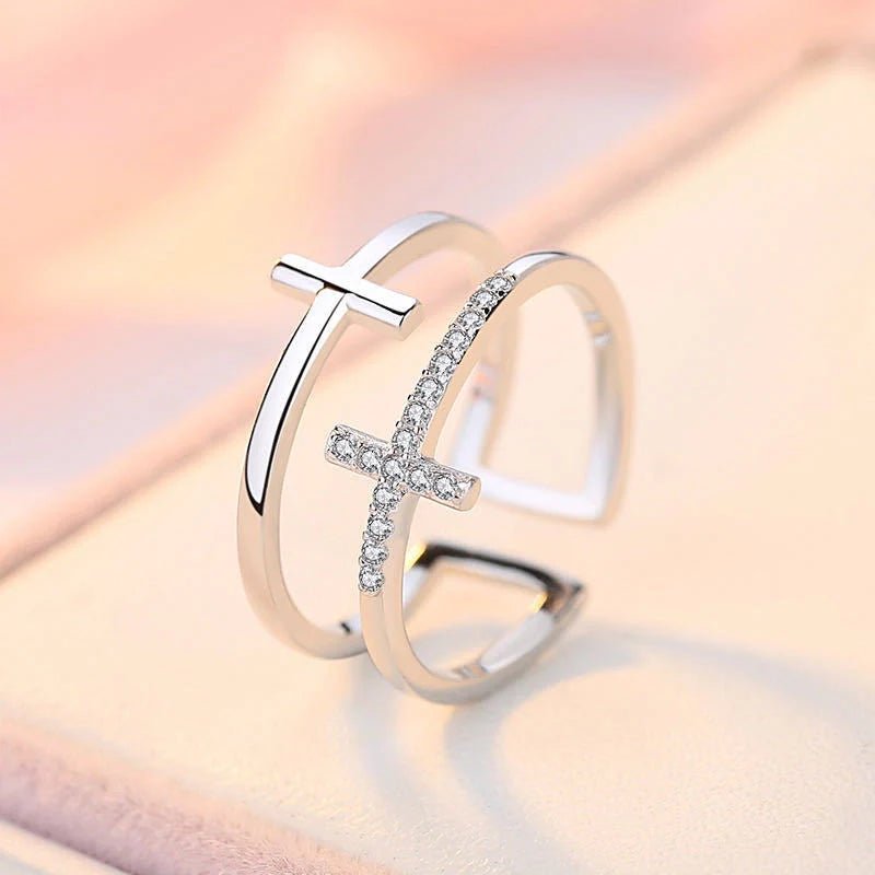 Double Cross Miniature Copper Inlaid Zircon Ring with adjustable opening and white gold finish