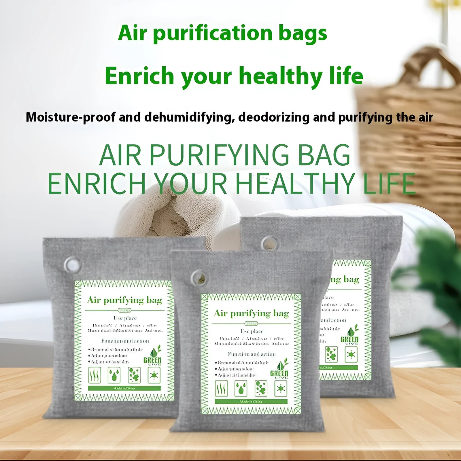 Sewn fabric packets of bamboo charcoal wrapped activated carbon for household formaldehyde removal.