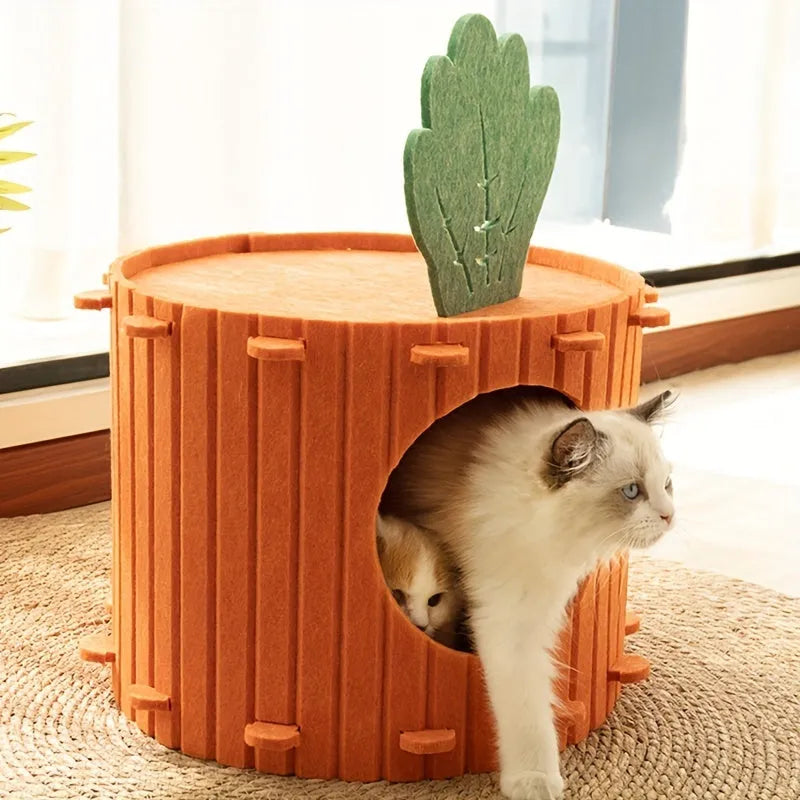 Carrot-shaped felt cat tunnel nest with semi-enclosed design and drilled pattern