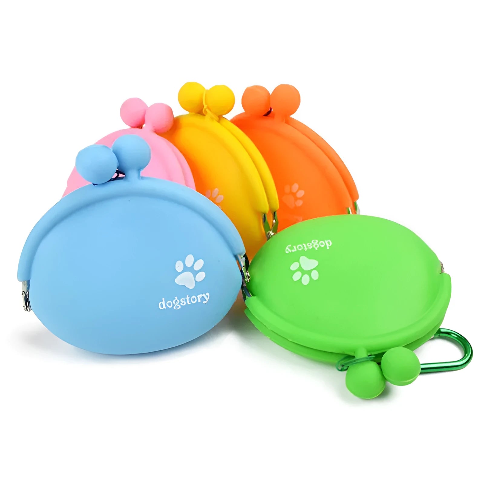 Yellow silicone dog treat bag with waist clip, shown open to reveal storage pocket.