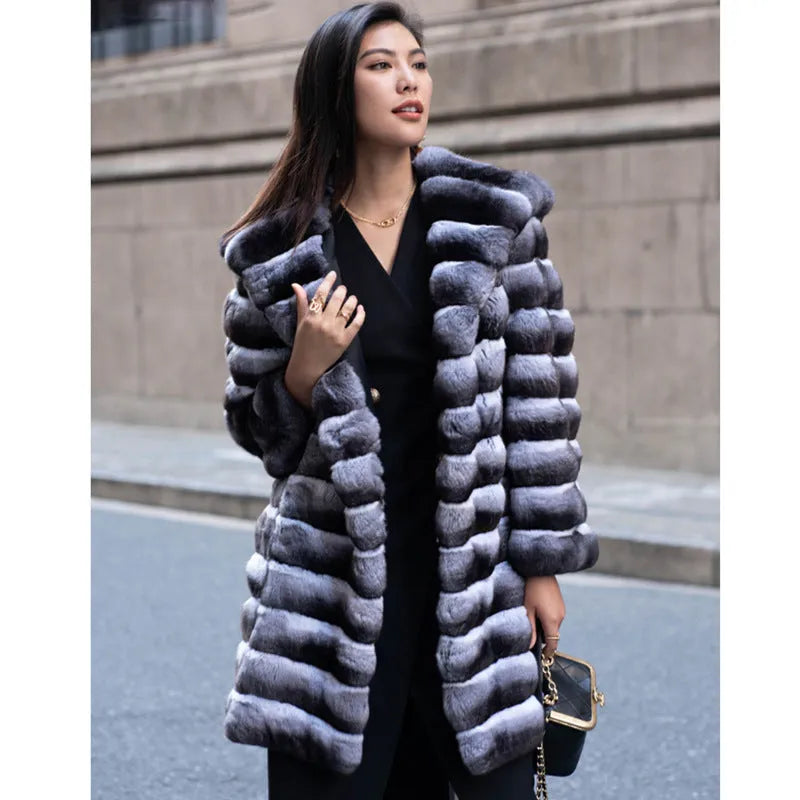 Women's zebra stripe artificial mink fur overcoat, mid-length design with regular sleeves