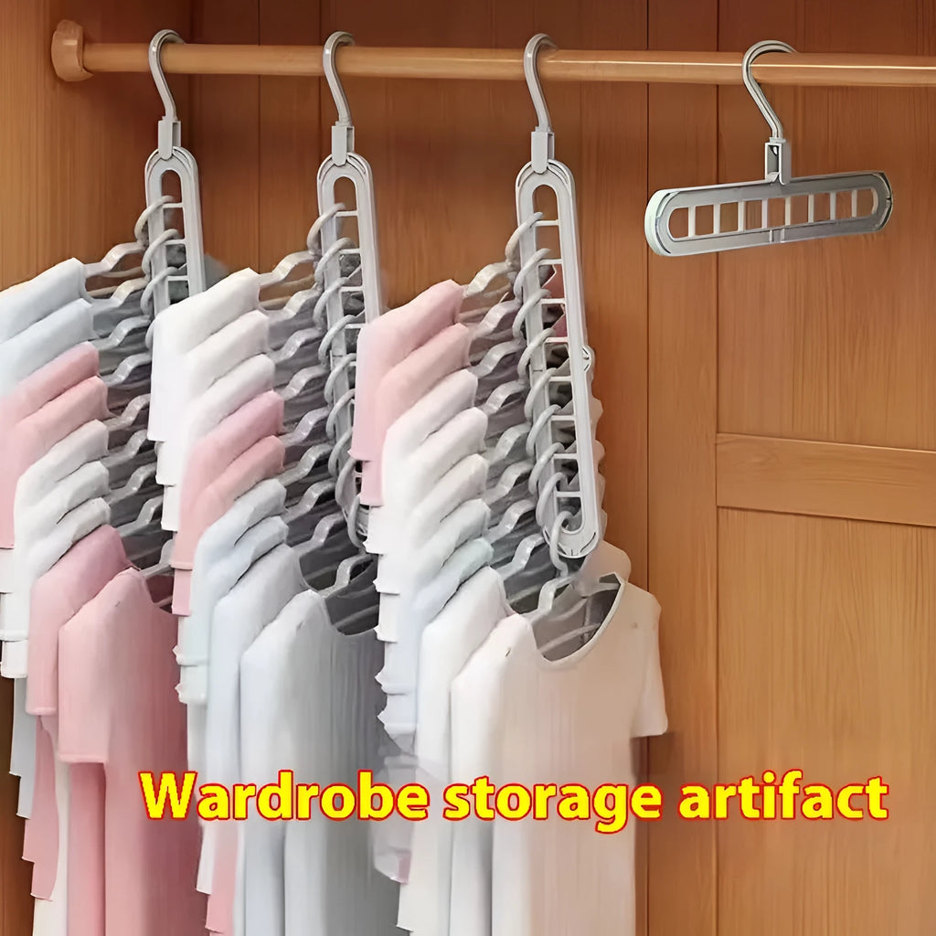 A green nine-hole plastic folding hanger for organising trousers and saving wardrobe space.