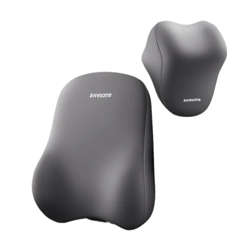 Y-type beige automotive headrest pillow and lumbar support pillow set with memory foam filling on a car seat