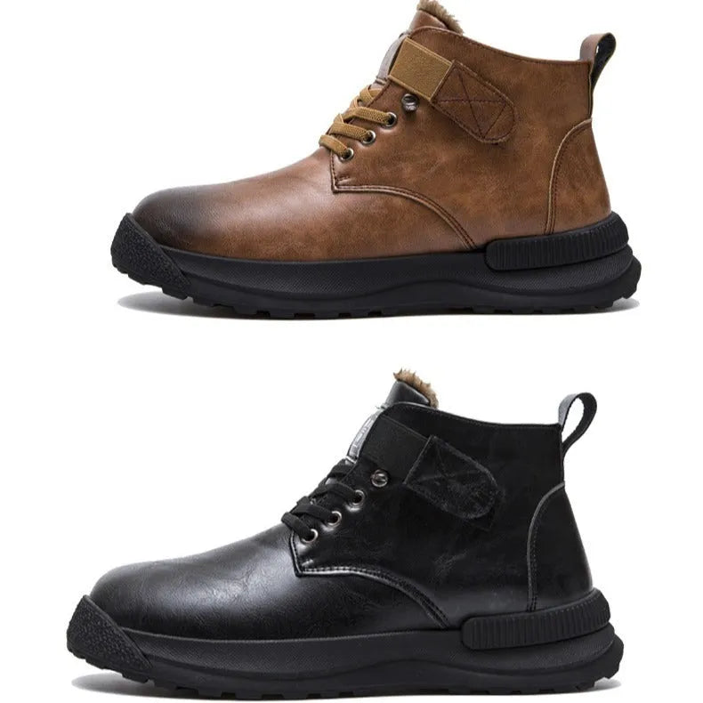 Black and brown Martin platform high-top boots with artificial PU upper and rubber sole