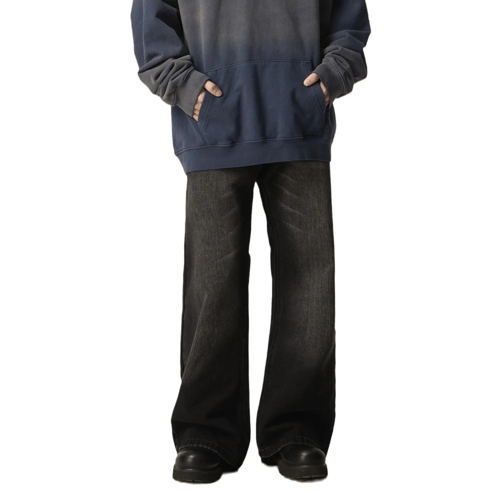 Black loose straight leg jeans with retro American styling and zipper fly