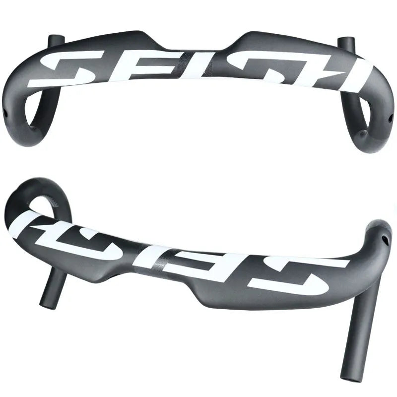 Carbon fibre road bike drop handlebar showing 31.8mm clamp, available in 380mm, 400mm, 420mm, and 440mm widths.
