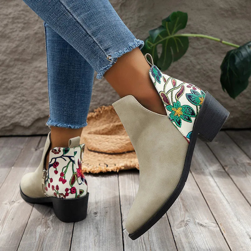 Flower printed ankle boots for women with chunky heel and side zipper, beige colour option