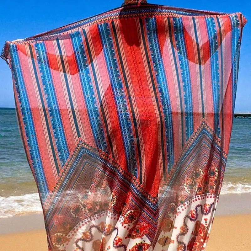 Women's three-piece swimsuit set showing a cutout blouse, high-waist briefs, and a matching coat.