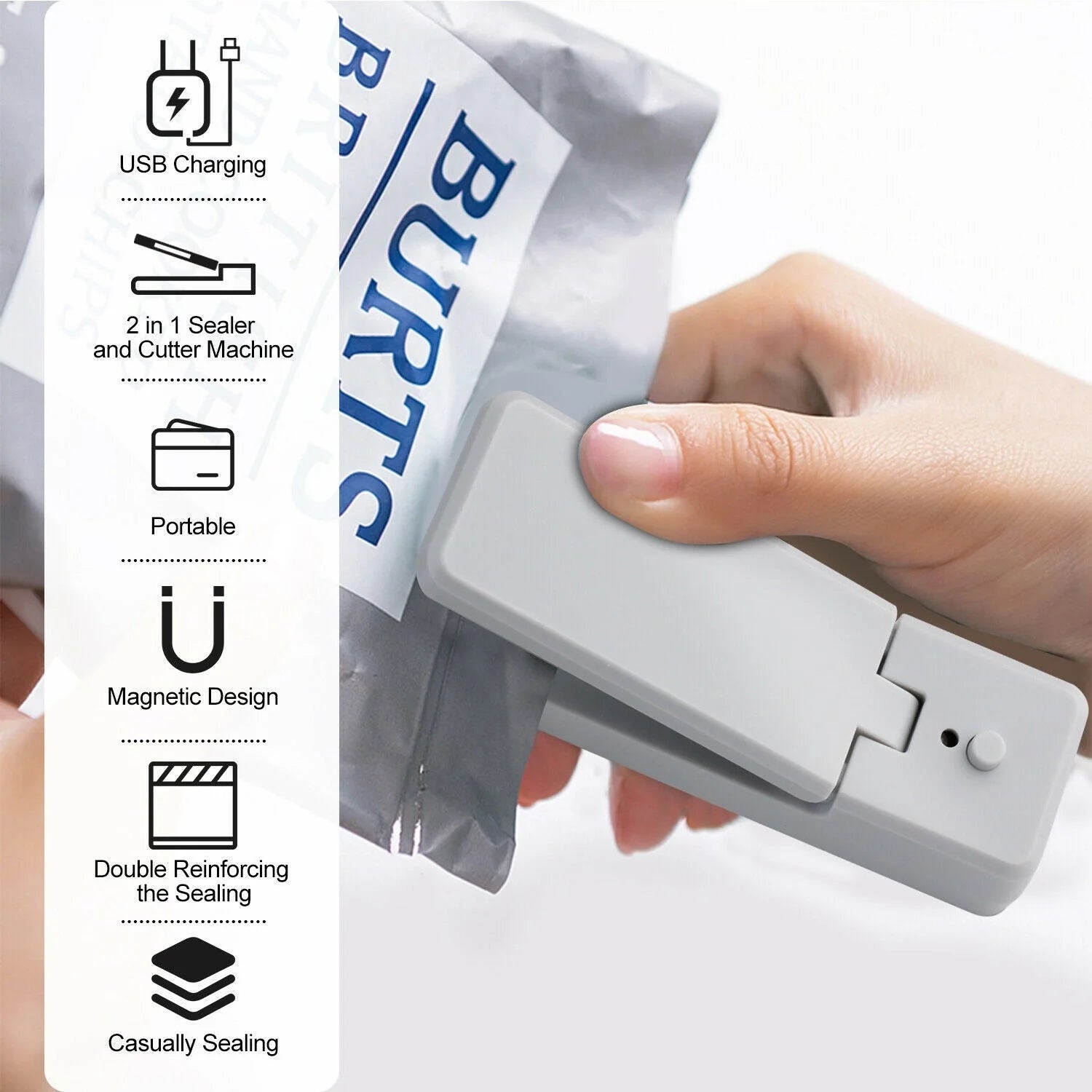 Portable ABS mini snack packaging bag heat sealing machine in white grey