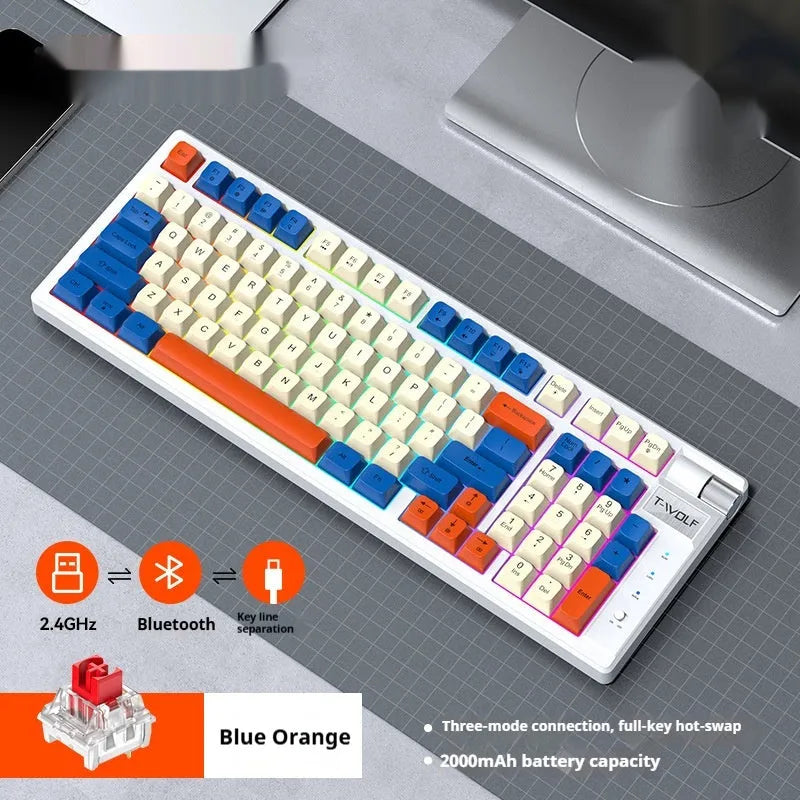 Bluetooth mechanical gaming keyboard with USB-C charging port and dual-colour Blue Orange or Black And Red options