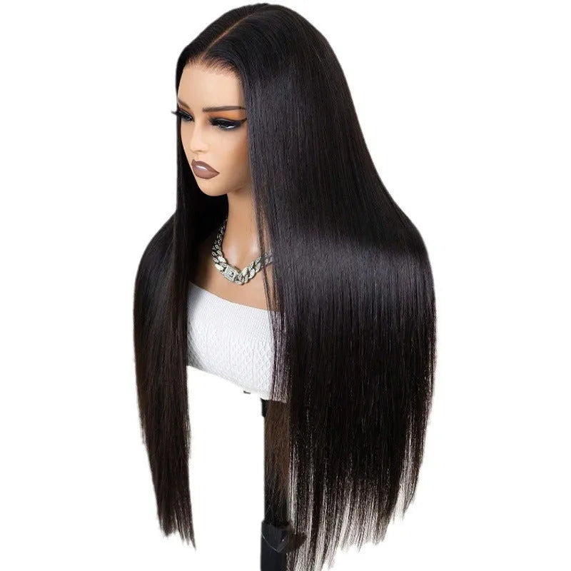 Black straight human hair lace front wig on a mannequin head, showing a natural 13x6 hairline.