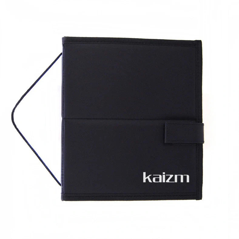 Black 15-piece makeup brush set with wooden handles and folding cloth storage bag