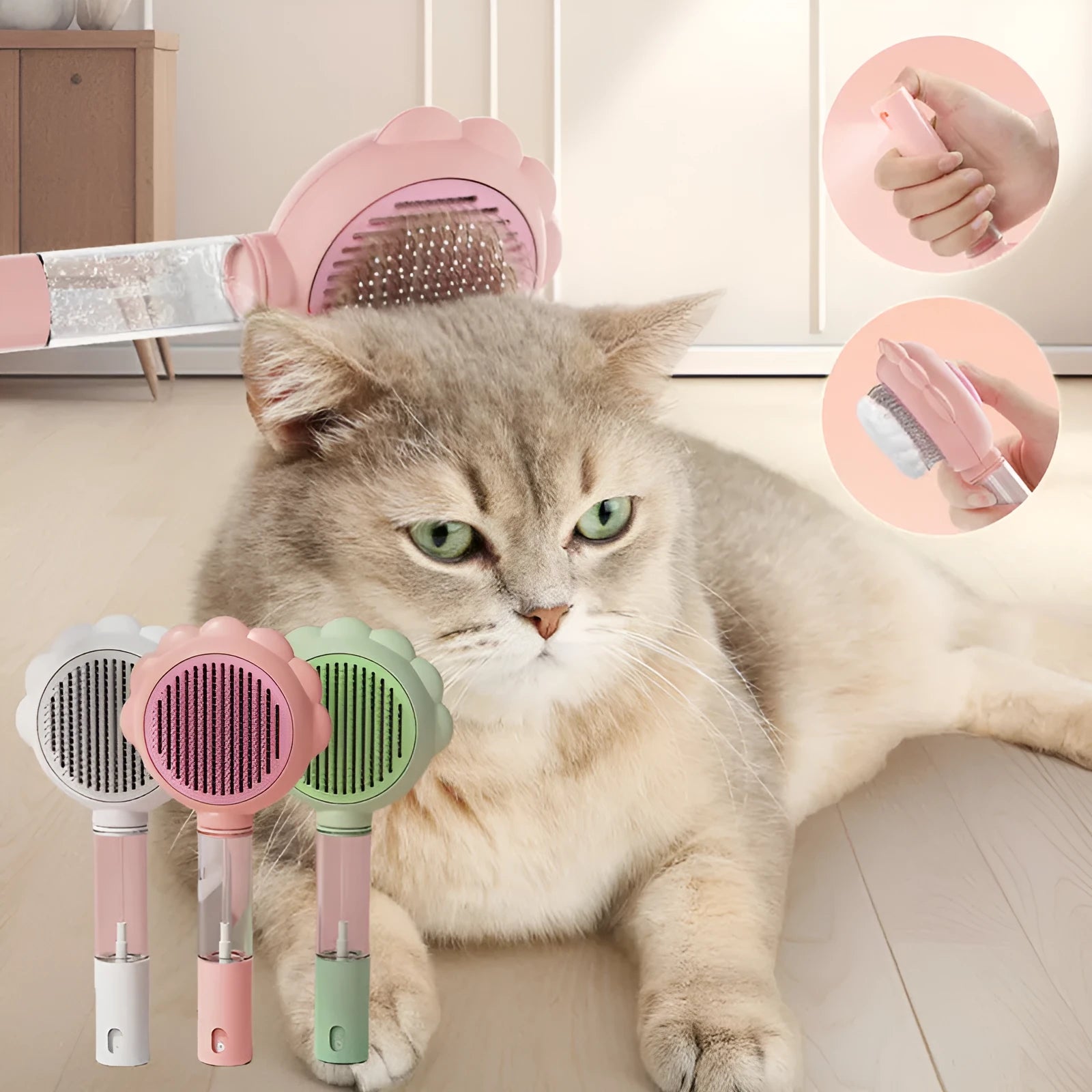 Self-cleaning pet grooming brush comb with spray function in green, white, and pink for cats and dogs