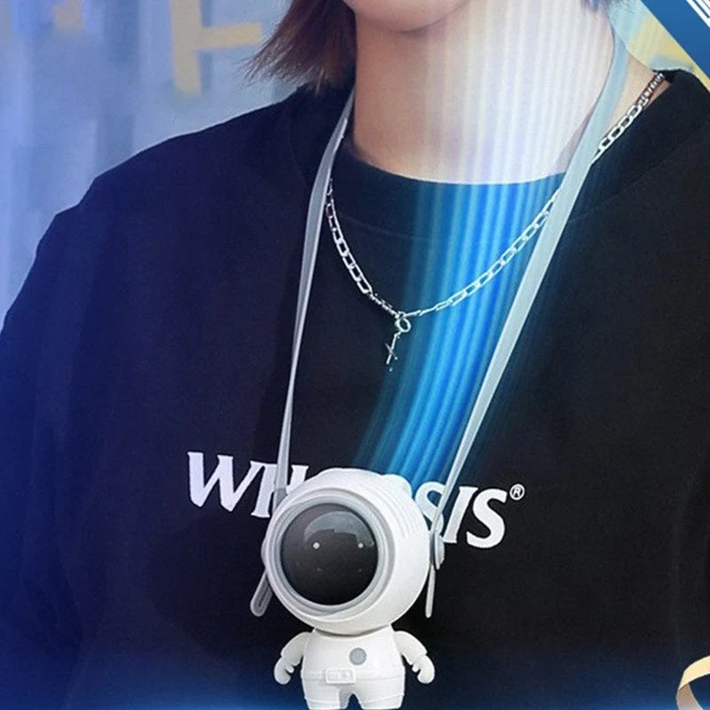 USB rechargeable personal neck fan in Moonlight White and Deep Black, featuring bladeless design and 3 speed settings