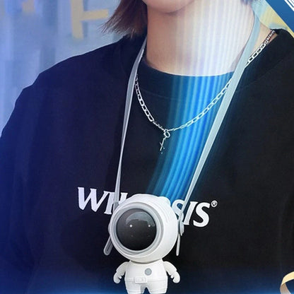 USB rechargeable personal neck fan in Moonlight White and Deep Black, featuring bladeless design and 3 speed settings