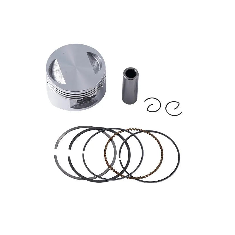 Motorcycle engine piston kit showing aluminium piston, steel oil ring, and pin for 57.4mm cylinder