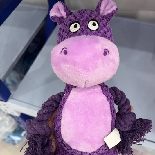 Hippo plush dog toy with integrated cotton rope for tug of war training