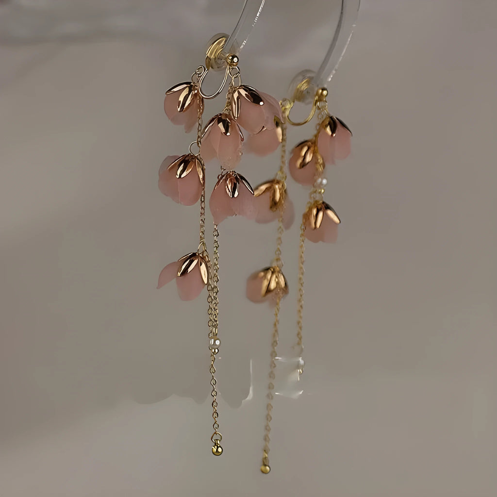Long tassel romantic cherry blossom earrings in pink with gold plating, 8cm drop, mori fairy style