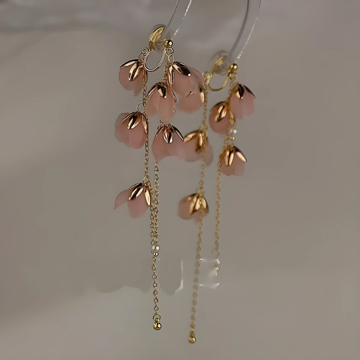 Long tassel romantic cherry blossom earrings in pink with gold plating, 8cm drop, mori fairy style