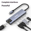 Aluminium alloy Steam Deck six-in-one docking station with USB-C cable and labelled ports for HDMI, Ethernet, and USB.