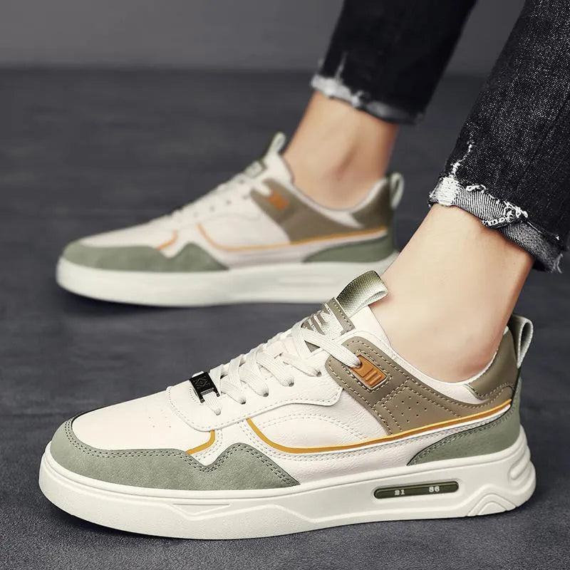 Unisex casual microfiber board shoes with flat heel and lace up, in beige and white