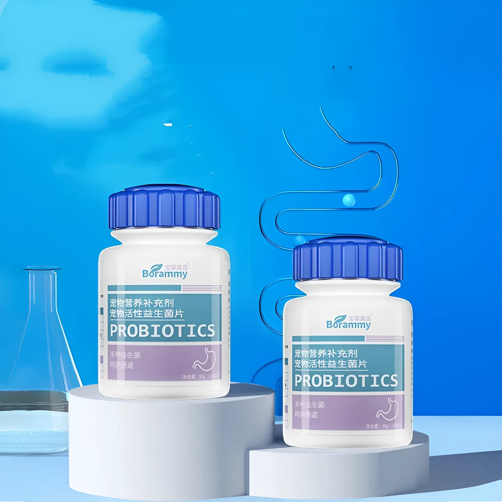 Bottle of 180 pet probiotic tablets for dog and cat digestive support.