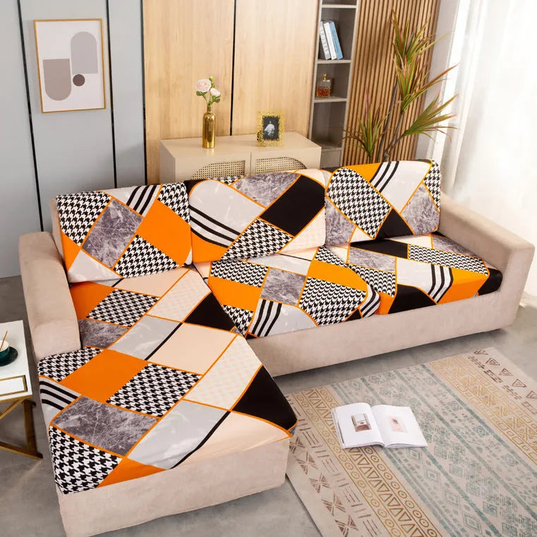 Printed non-slip polyester sofa seat cover with elastic edges in Hermes orange colour