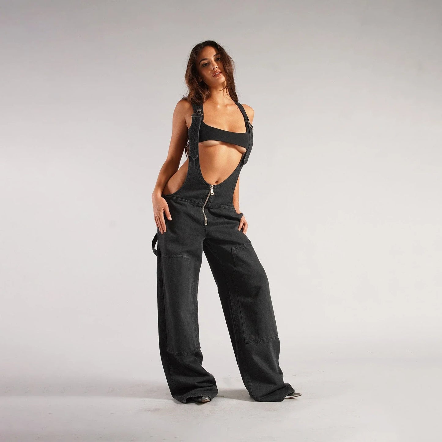 Trendy denim overalls with pockets, featuring a unique Y2K-inspired design, micro-elastic fit, and convenient layout for a stylish and comfortable streetwear look.