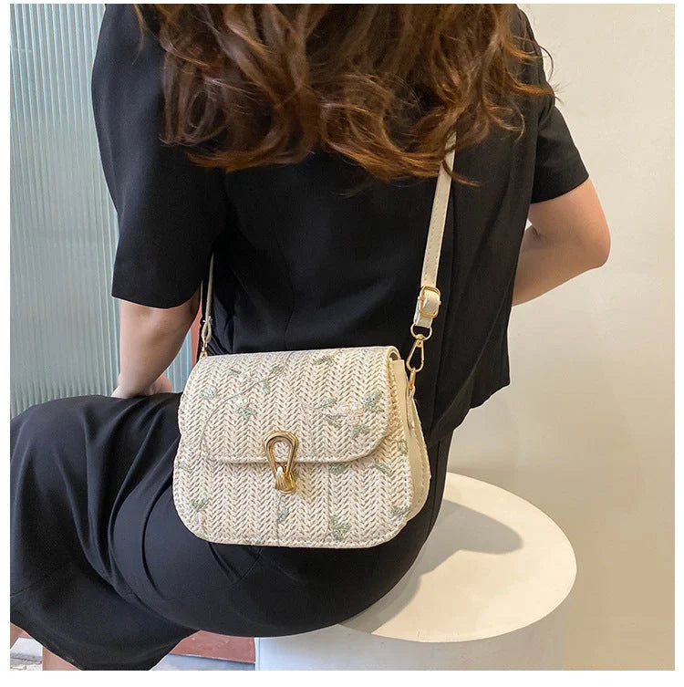 Summer straw woven bag with floral pattern in white and khaki options
