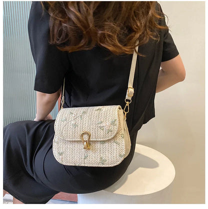 Summer straw woven bag with floral pattern in white and khaki options