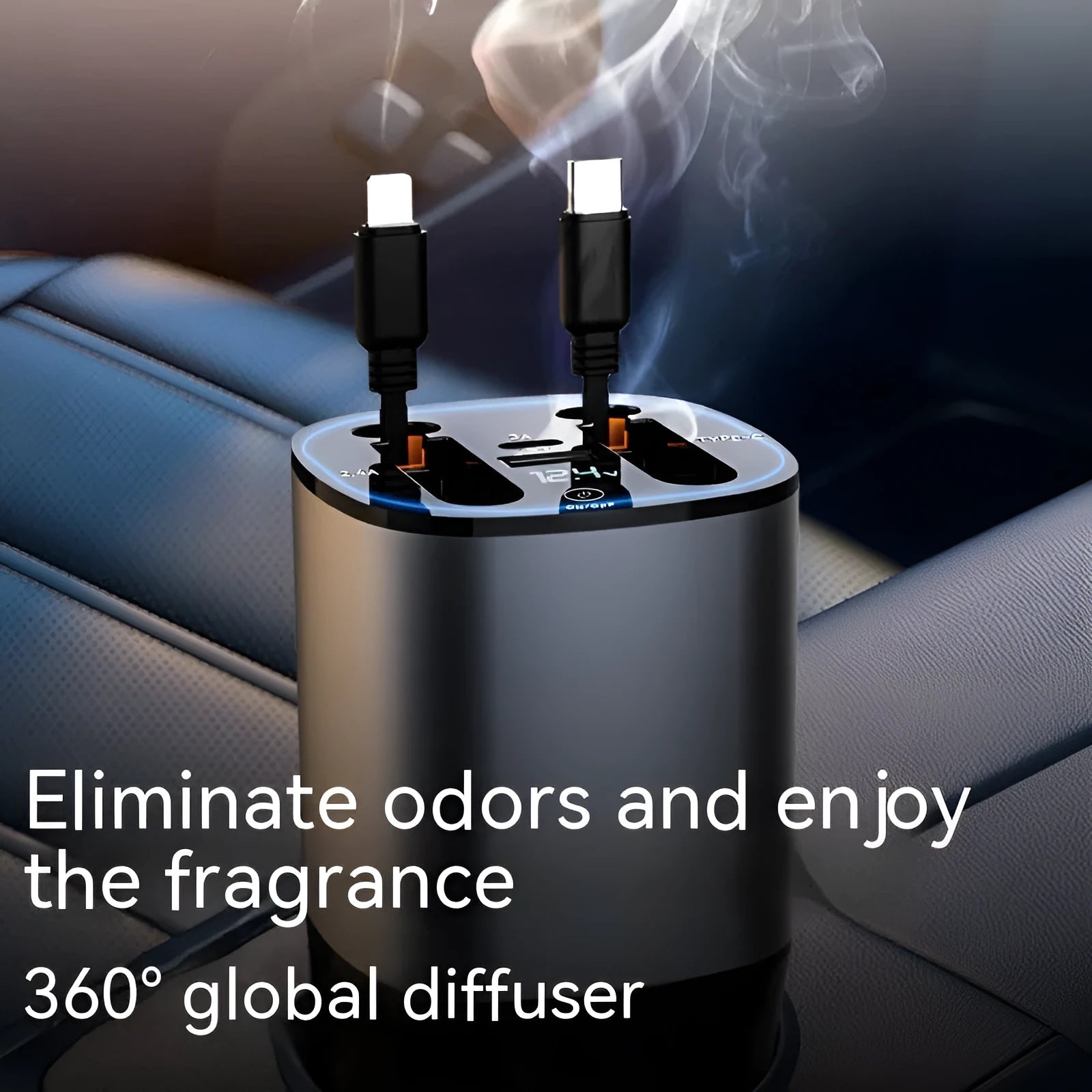 Car cup charger with retractable cable in original car gun grey matte black showing multiple charging ports