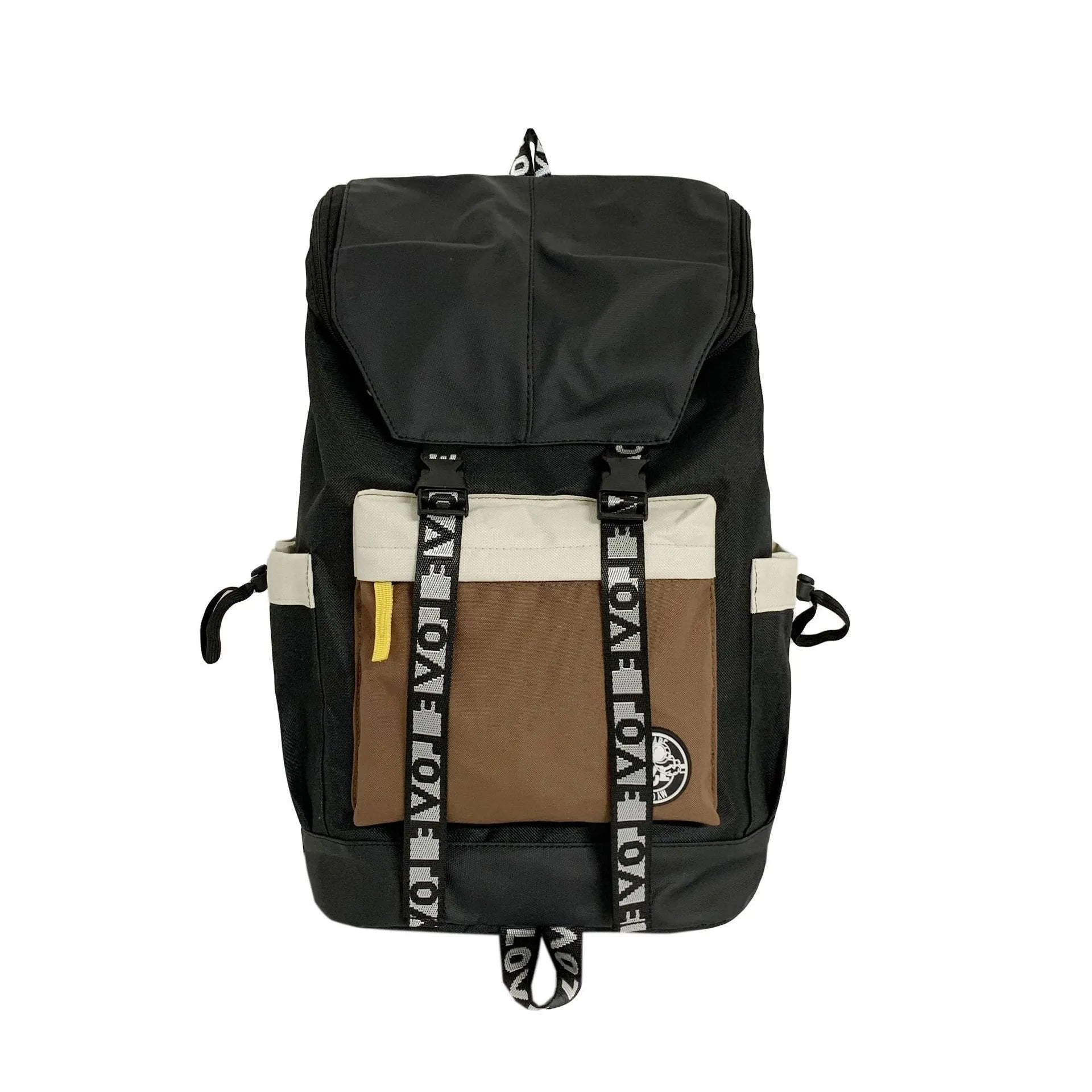 Black oxford cloth backpack with adjustable straps, shown next to green and red colour options.